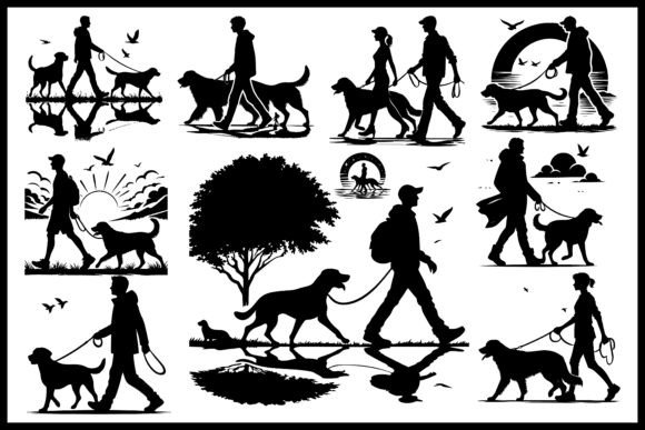 Dog Walking Silhouette Vector Bundle