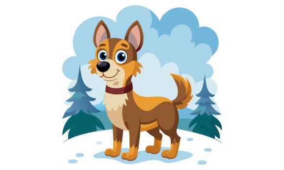 Smiling Cartoon Dog in Winter Scene